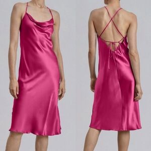 🆕 Silk Maison Lounge Cowl Neck Mulberry Silk Midi Slip Dress in Hot Pink